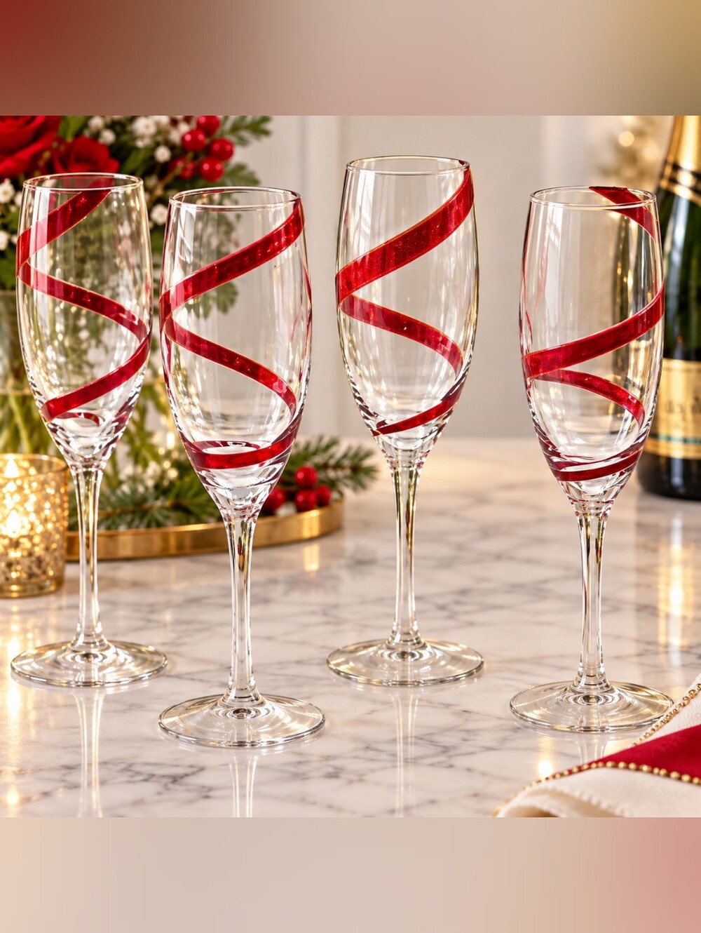 Pier 1 Vintage Red Swirline Champagne Flutes (Set of 4) Holiday Glassware